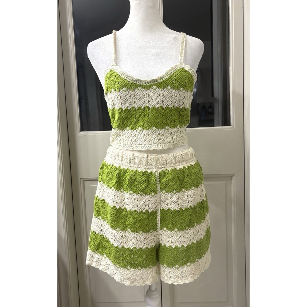 Rebellion Crochet 2 Piece Sage Green & Ivory Short & Top Sweater Beach Set Large
